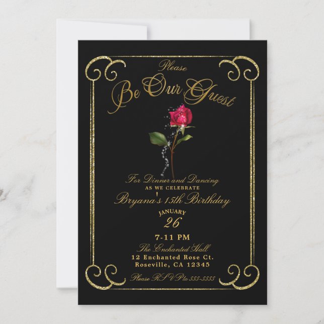 Invitation Black & Gold Rose rouge Beauté Sweet 16 Anniversai (Devant)