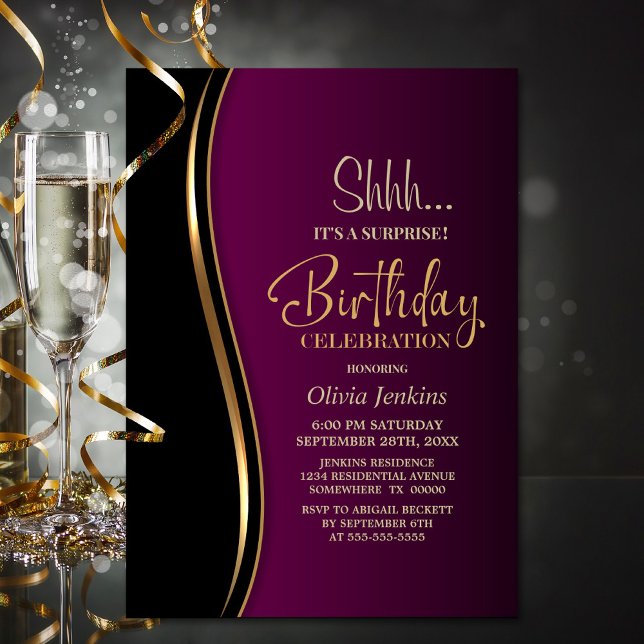 Invitation Black Gold Rose Surprise fête d'anniversaire (Créateur téléchargé)