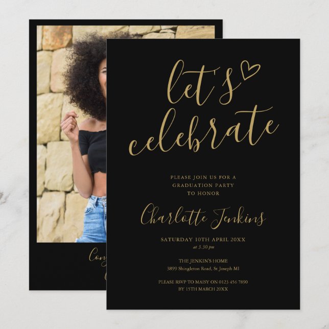 Invitation Black Gold Script Celebrate Photo Graduation Party (Devant / Derrière)