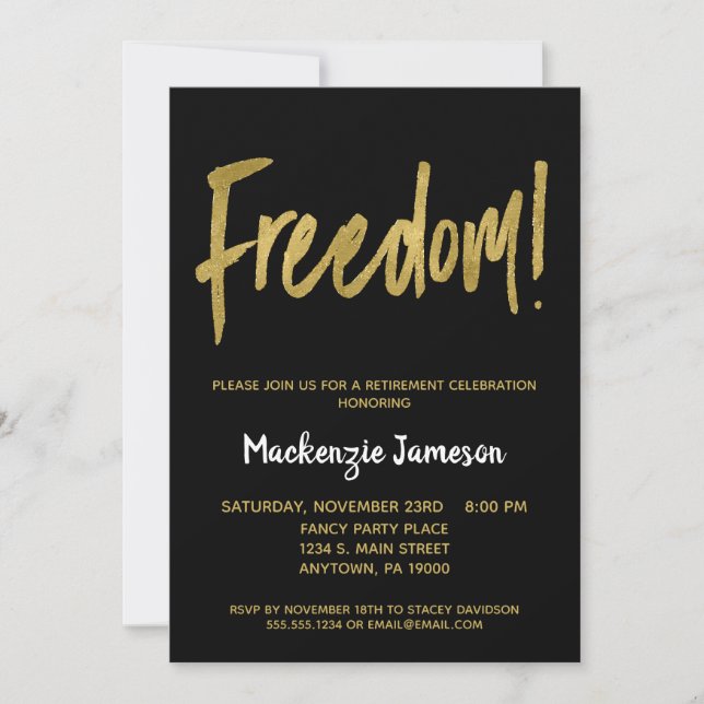 Invitation Black Gold Script Retraite Party (Devant)