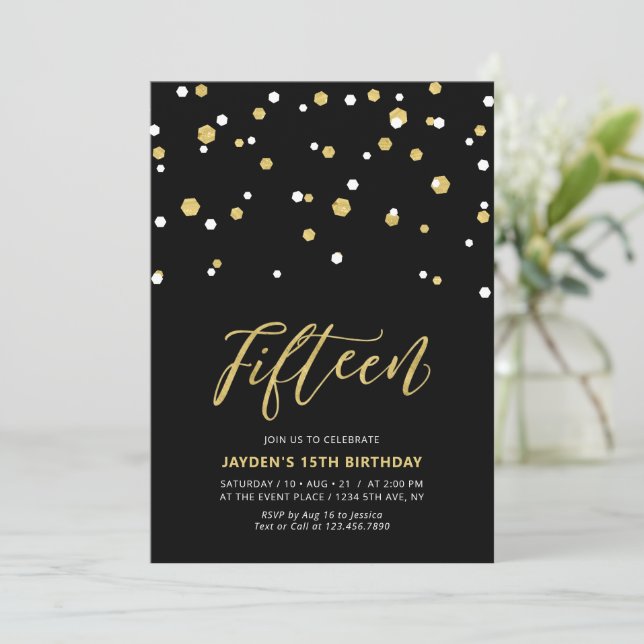 Invitation Black & Gold Simple 15ème fête d'anniversaire Ado (Debout devant)