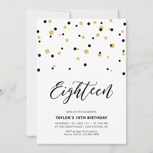 Invitation Black & Gold Simple 18e fête d'Ado (Devant)