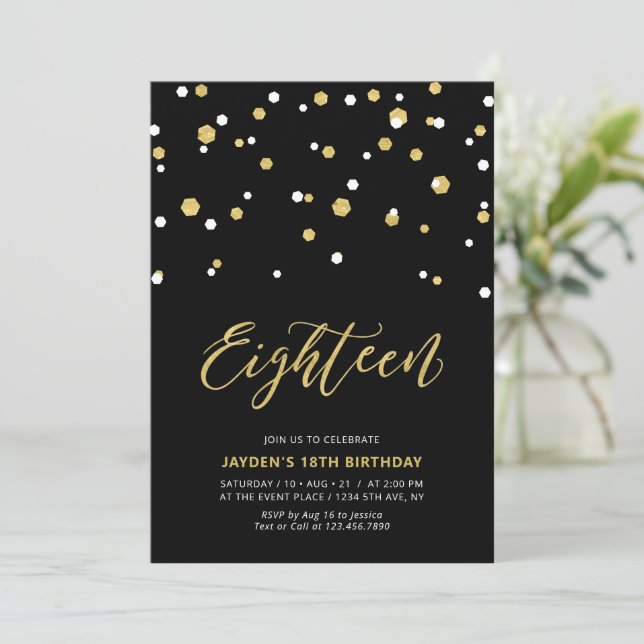Invitation Black & Gold Simple 18ème Ado Anniversaire fêtes I (Debout devant)