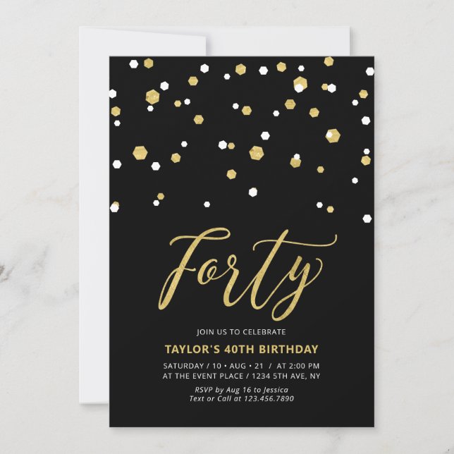 Invitation Black & Gold Simple Quarante 40e Anniversaire Fête (Devant)