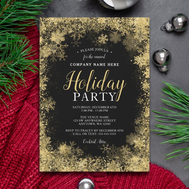 Invitation Black Gold Snowflake Corporate Fête de vacances (Créateur téléchargé)