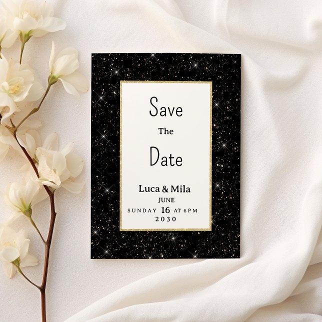 Invitation Black gold sparkly glitter confetti Save the Date (Black gold sparkly glitter confetti Save the Date)