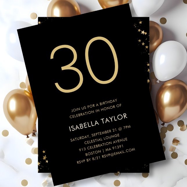 Invitation Black & Gold Stars 30e anniversaire (Créateur téléchargé)