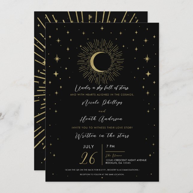 Invitation Black & Gold Stars Celestial Sunburst Moon Mariage (Devant / Derrière)