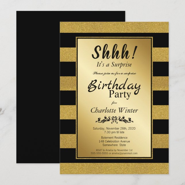 Invitation Black Gold Strike Surprise fête d'anniversaire (Devant / Derrière)