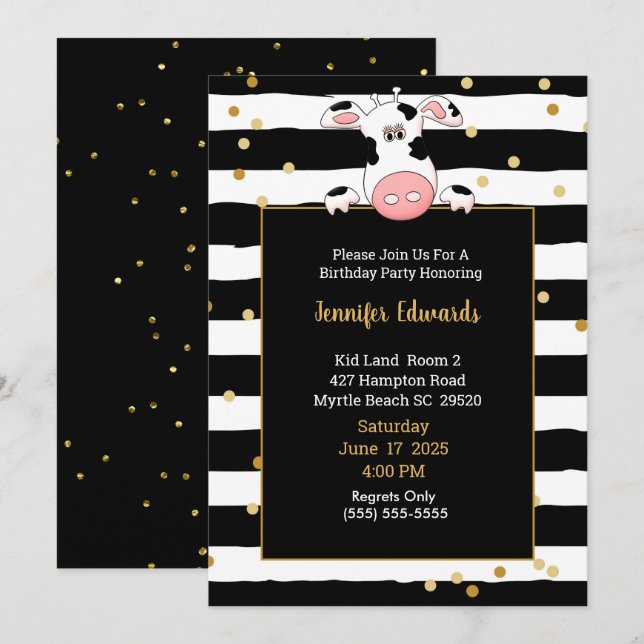 Invitation Black Gold Stripe Cow Theme Anniversaire de enfant (Devant / Derrière)