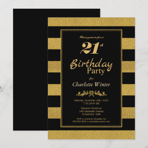 Invitation Black Gold Striped 21e fête d'anniversaire