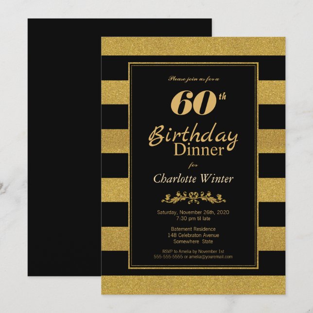 Invitation Black Gold Striped 60th Birthday Dinner (Devant / Derrière)