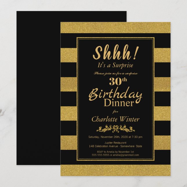 Invitation Black & Gold Striped Surprise 30e anniversaire Dîn (Devant / Derrière)