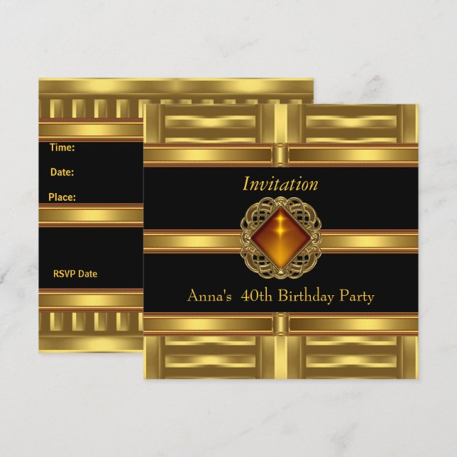 Invitation Black Gold sur Gold 40th Birthday Party (Devant / Derrière)