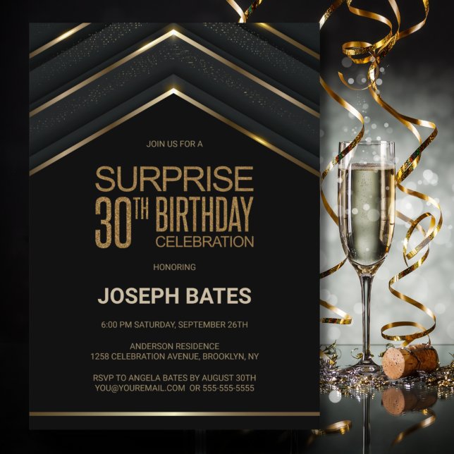 Invitation Black Gold Surprise 30e anniversaire (Créateur téléchargé)