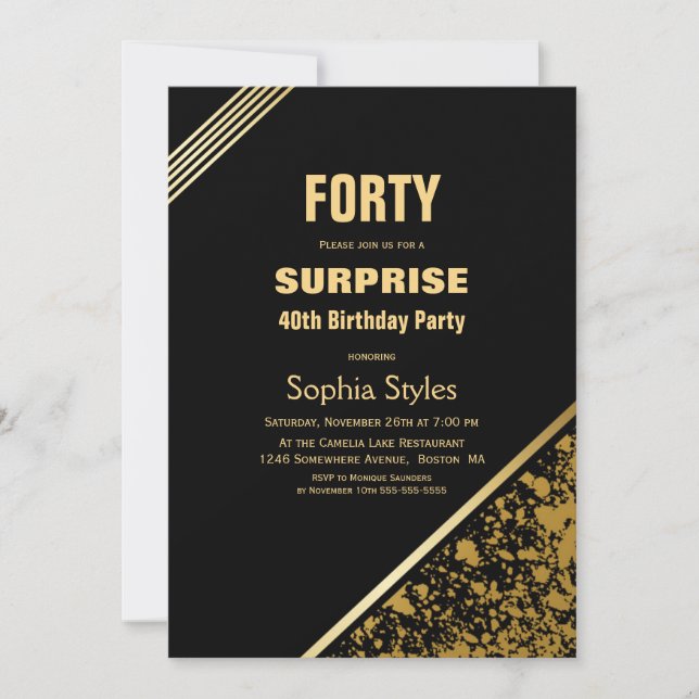 Invitation Black Gold Surprise 40e fête d'anniversaire (Devant)