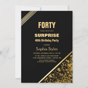 Invitation Black Gold Surprise 40e fête d'anniversaire