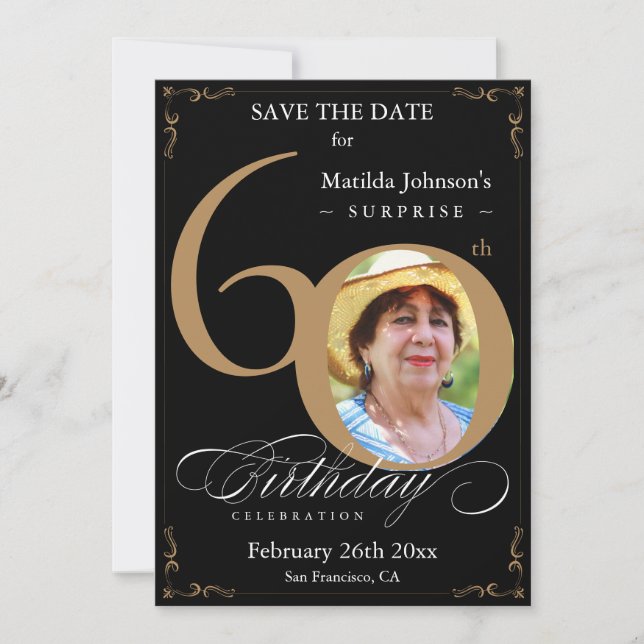 Invitation Black Gold Surprise 60e anniversaire Enregistrer l (Devant)