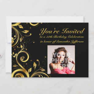 Invitation Black+Gold Swirl, Photo personnalisée 50e annivers
