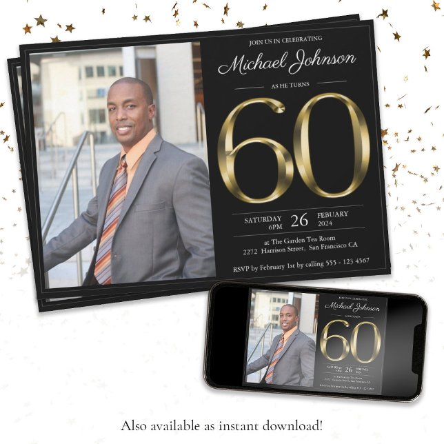 Invitation Black Gold Texte Classy Photo 60th Birthday Party (60th Gold Text Classy Black Custom Photo Birthday Invitation)