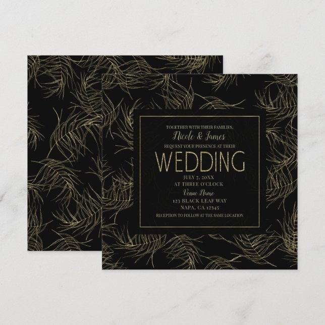 Invitation Black & Gold Tropical Glam Feuille Mariage (Devant / Derrière)