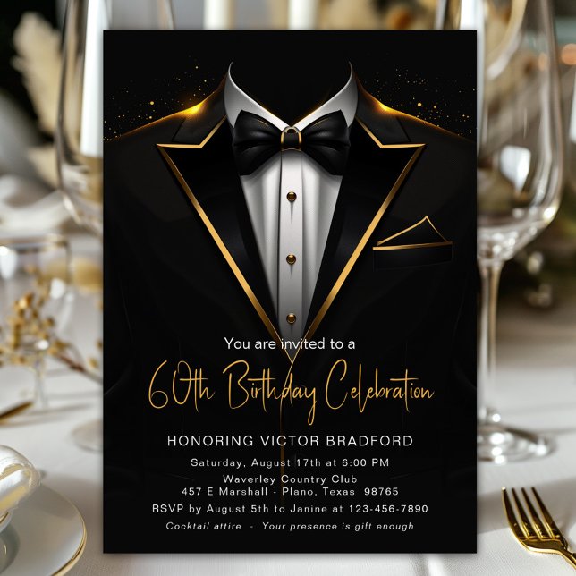 Invitation Black Gold Tuxedo Mens N'importe quel nombre Anniv (Black and gold tuxedo any number birthday or event invitation. Simply add your details.)