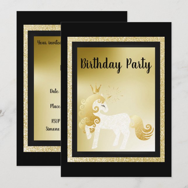 Invitation Black Gold Unicorn fête d'anniversaire (Devant / Derrière)