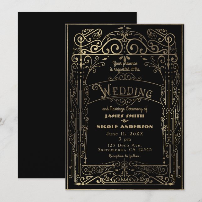 Invitation Black & Gold Vintage Victorian Déco Mariage (Devant / Derrière)