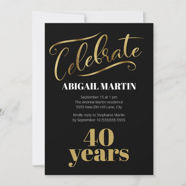 Invitation Black Gold White 40e fête d'anniversaire (Devant)