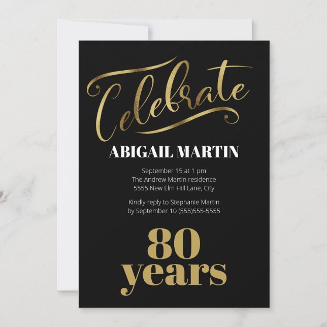 Invitation Black Gold White 80e fête d'anniversaire (Devant)