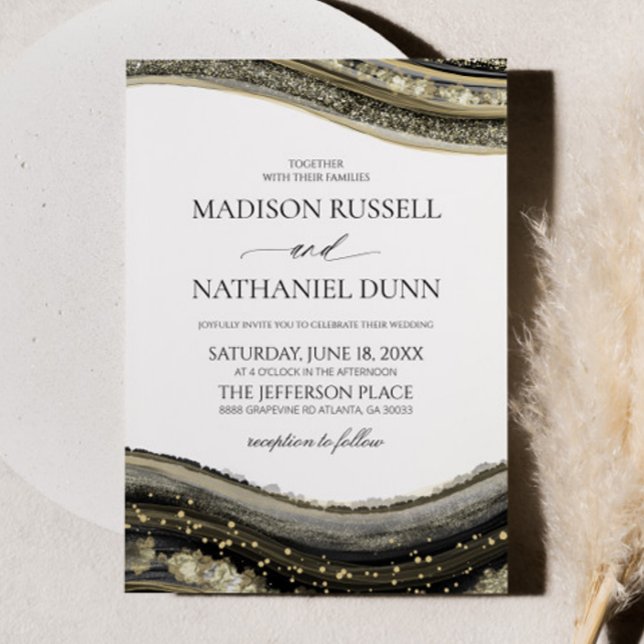 Invitation Black Gold White Agate Elegant Wedding (Créateur téléchargé)