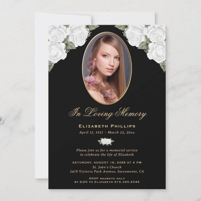 Invitation Black Gold White Floral Service photo (Devant)
