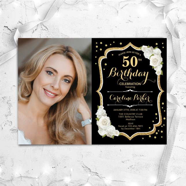 Invitation Black Gold White Photo 50th Birthday (Créateur téléchargé)