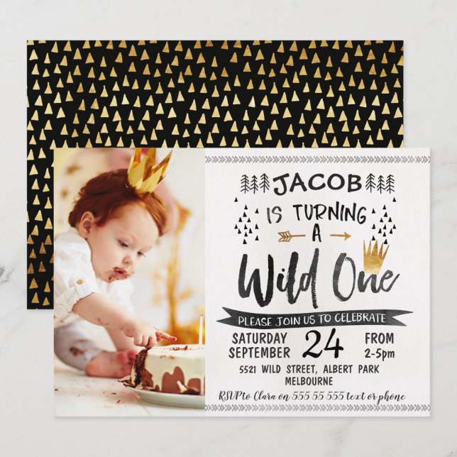 Invitation Black Gold Wild One Photo 1er Anniversaire Invitat (Devant / Derrière)