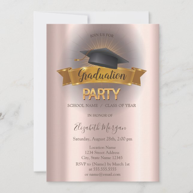 Invitation Black Grad Casquette Rose Gold Graduation Party (Devant)