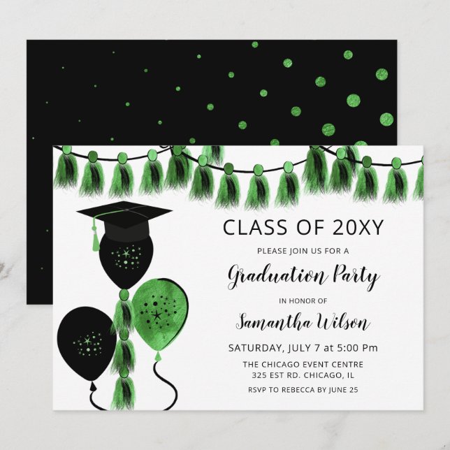 Invitation Black Green Balloons Grad Casquette de la fête de  (Devant / Derrière)