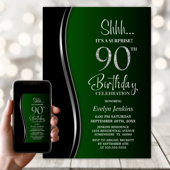 Invitation Black Green Surprise 90e anniversaire (Créateur téléchargé)