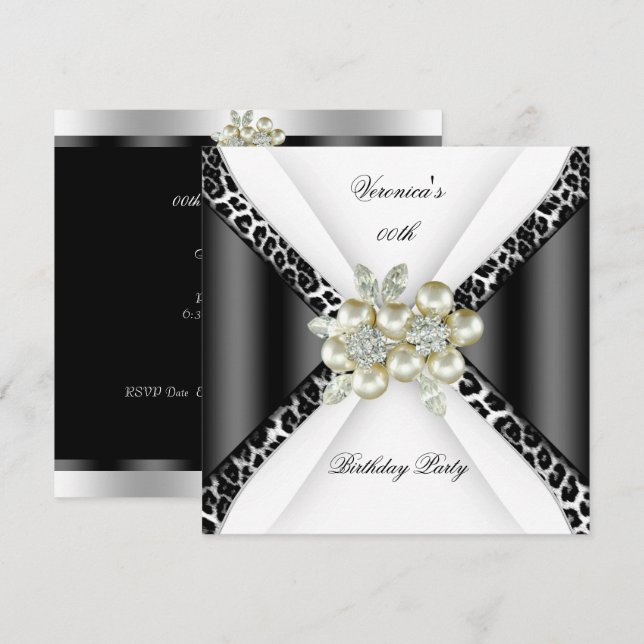 Invitation Black Grey White Leopard Pearl fête d'anniversaire (Devant / Derrière)