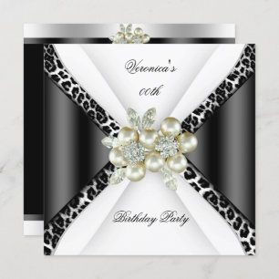 Invitation Black Grey White Leopard Pearl fête d'anniversaire