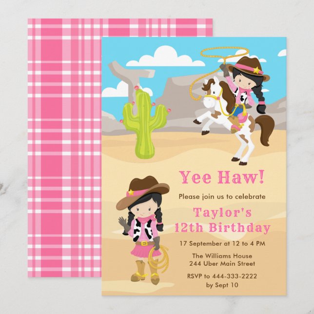 Invitation Black Hair Cowgirl fête d'anniversaire (Devant / Derrière)