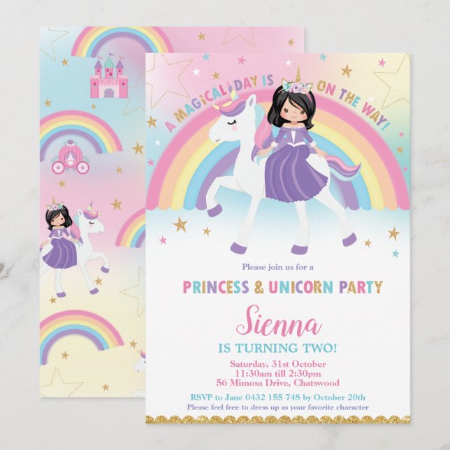 Invitation Black Hair Princess Unicorn Rainbow Anniversaire P (Devant / Derrière)
