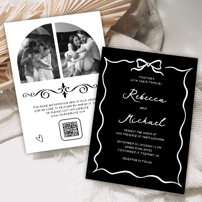 Invitation Black Hand Drawn White Bow QR Code Photo Wedding (Créateur téléchargé)
