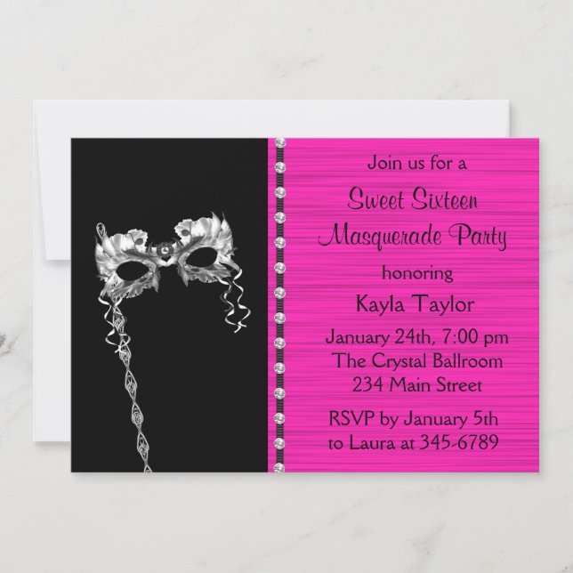 Invitation Black Hot rose Sweet sixteen Masquerade (Devant)
