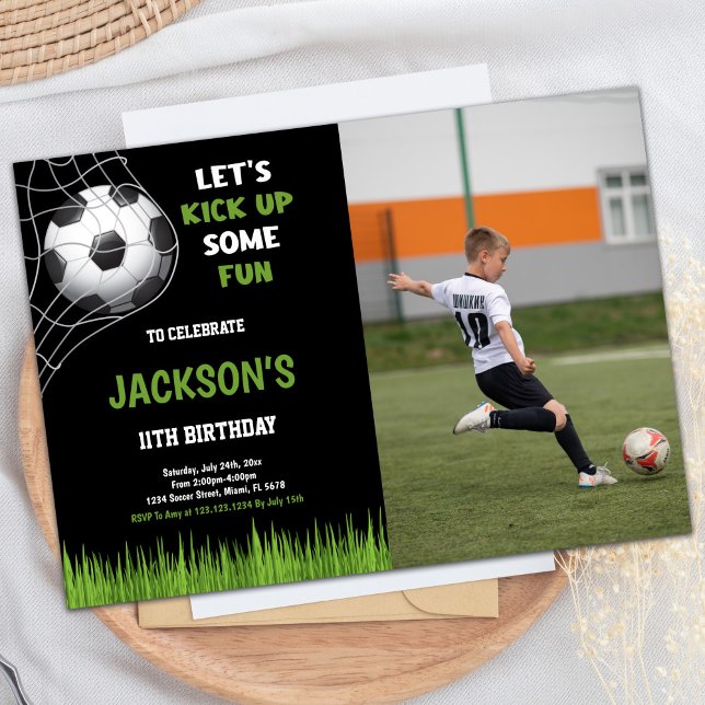 Invitation Black kick's fun Photo Soccer Anniversaire (Black kick up some fun Photo Soccer Birthday Invitation)