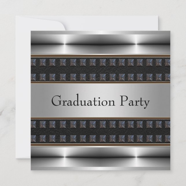 Invitation Black Leather Chrome Boys Graduation Party (Devant)