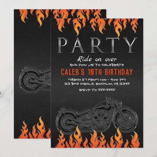 Invitation Black Leather Orange Flames Motorcycle Bière Party (Devant / Derrière)