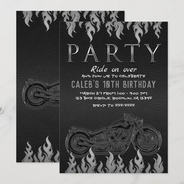 Invitation Black Leather Silver Chrome Motorcycle Party (Devant / Derrière)