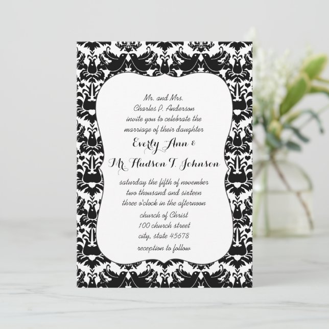 Invitation Black Lovebird Mariage damassé (Debout devant)