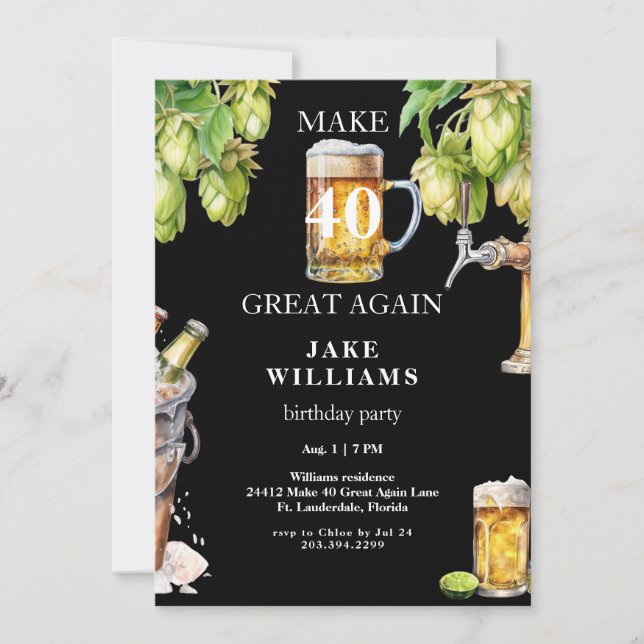 Invitation Black Make 40 Great Again Bière fête d'anniversair (Devant)