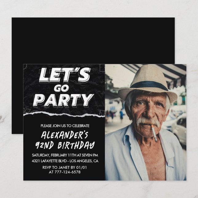 Invitation Black Men Photo LET'S GO PARTY 92e anniversaire (Devant / Derrière)